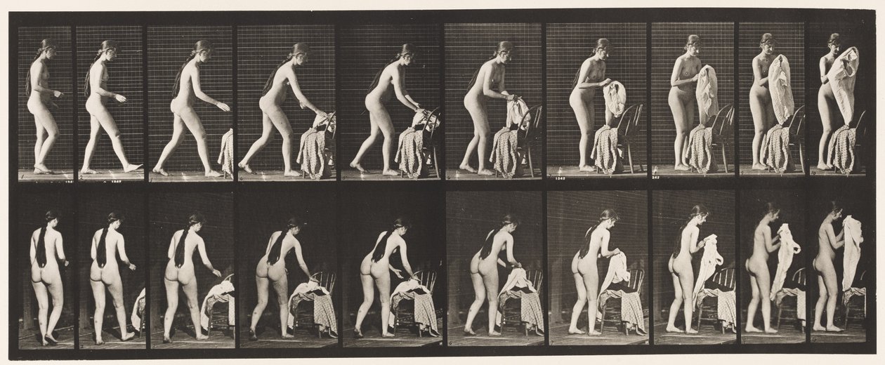 Tallrik 415. Toalett, förbereder för att ta på kläder av Eadweard Muybridge