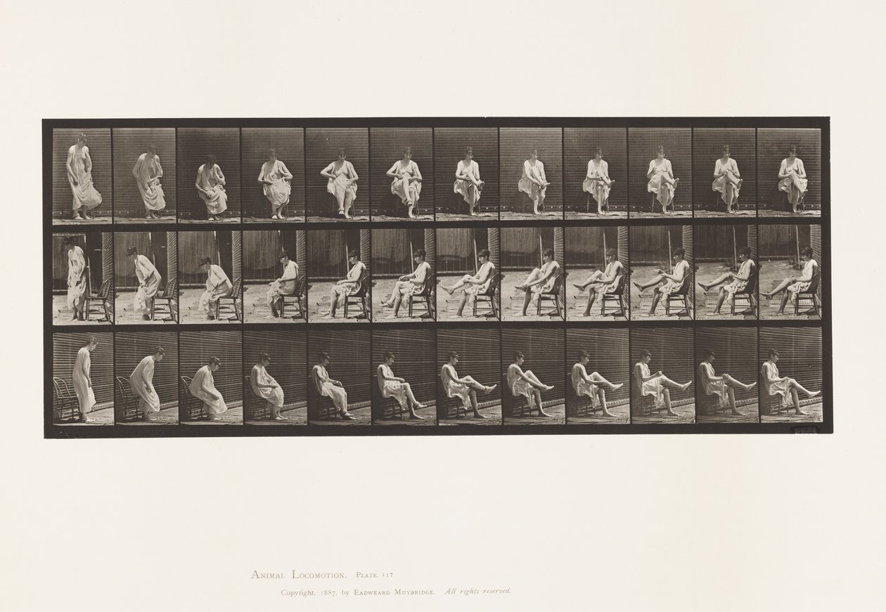 Tallrik 417. Toalett; Sitter och tar på sig strumpor av Eadweard Muybridge