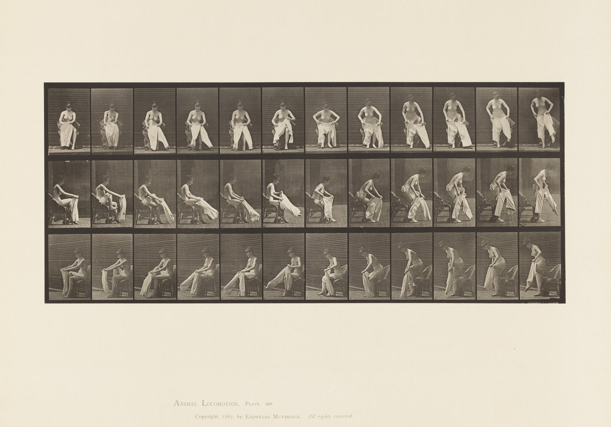 Tallrik 420.Toalett; Reser sig från stolen och tar på sig kläder, 1885 av Eadweard Muybridge