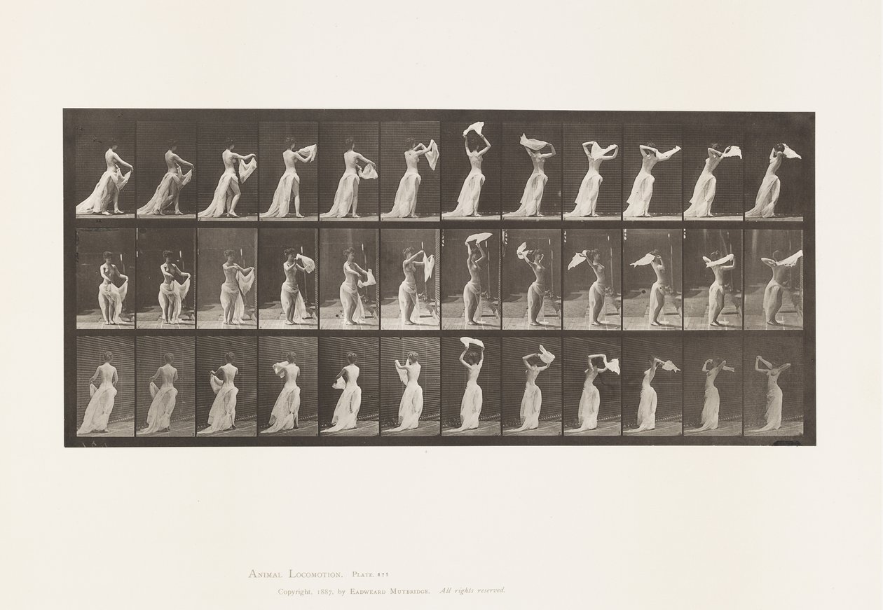 Tallrik 421. Toalett; Kasta näsduk runt axlarna av Eadweard Muybridge