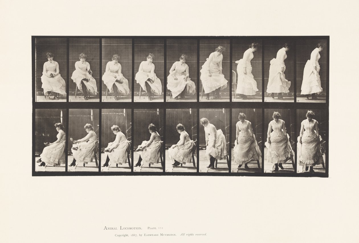 Tallrik 422.Toalett; Tar på sig skor och reser sig från stolen, 1885 av Eadweard Muybridge