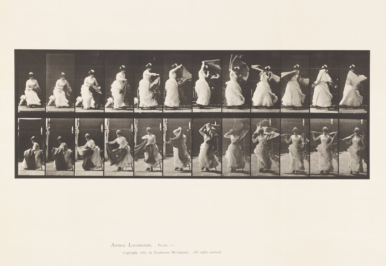 Tallrik 424.Toalett; Reser sig från stolen och sätter på sig sjal, 1885 av Eadweard Muybridge