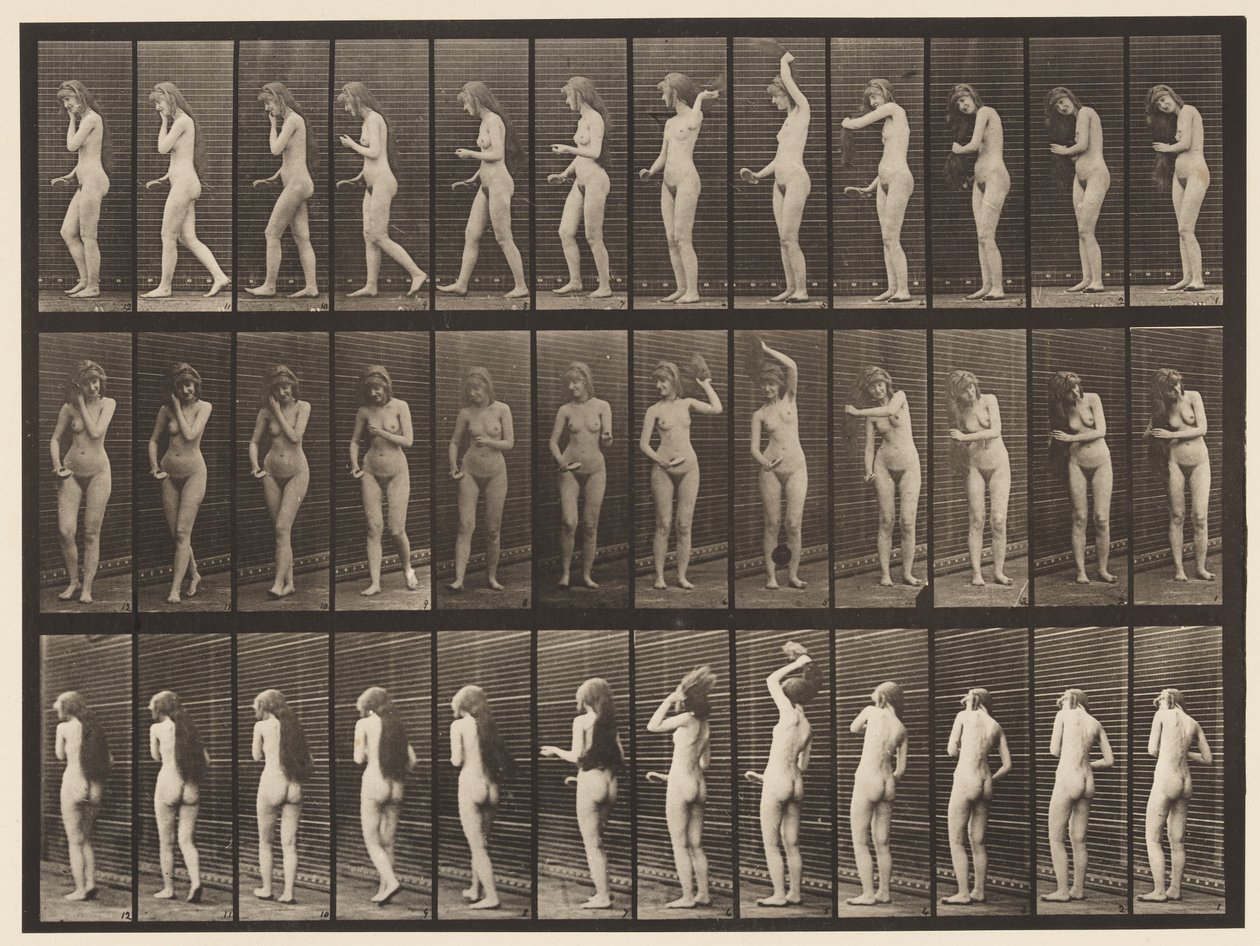 Tallrik 426. Toalett; Borsta hennes hår och gå iväg, 1872-1885 av Eadweard Muybridge