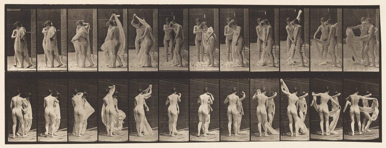 Tallrik 428. Toalett; Två modeller, 1 Disrobing 8, 1872-1885 av Eadweard Muybridge
