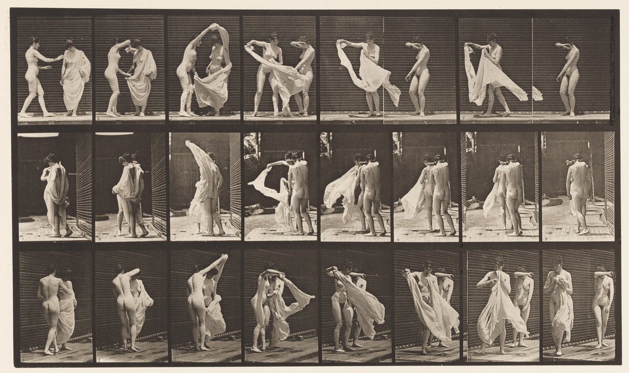 Tallrik 429. Toalett; Två modeller, 1 Disrobing 8, 1872-1885 av Eadweard Muybridge