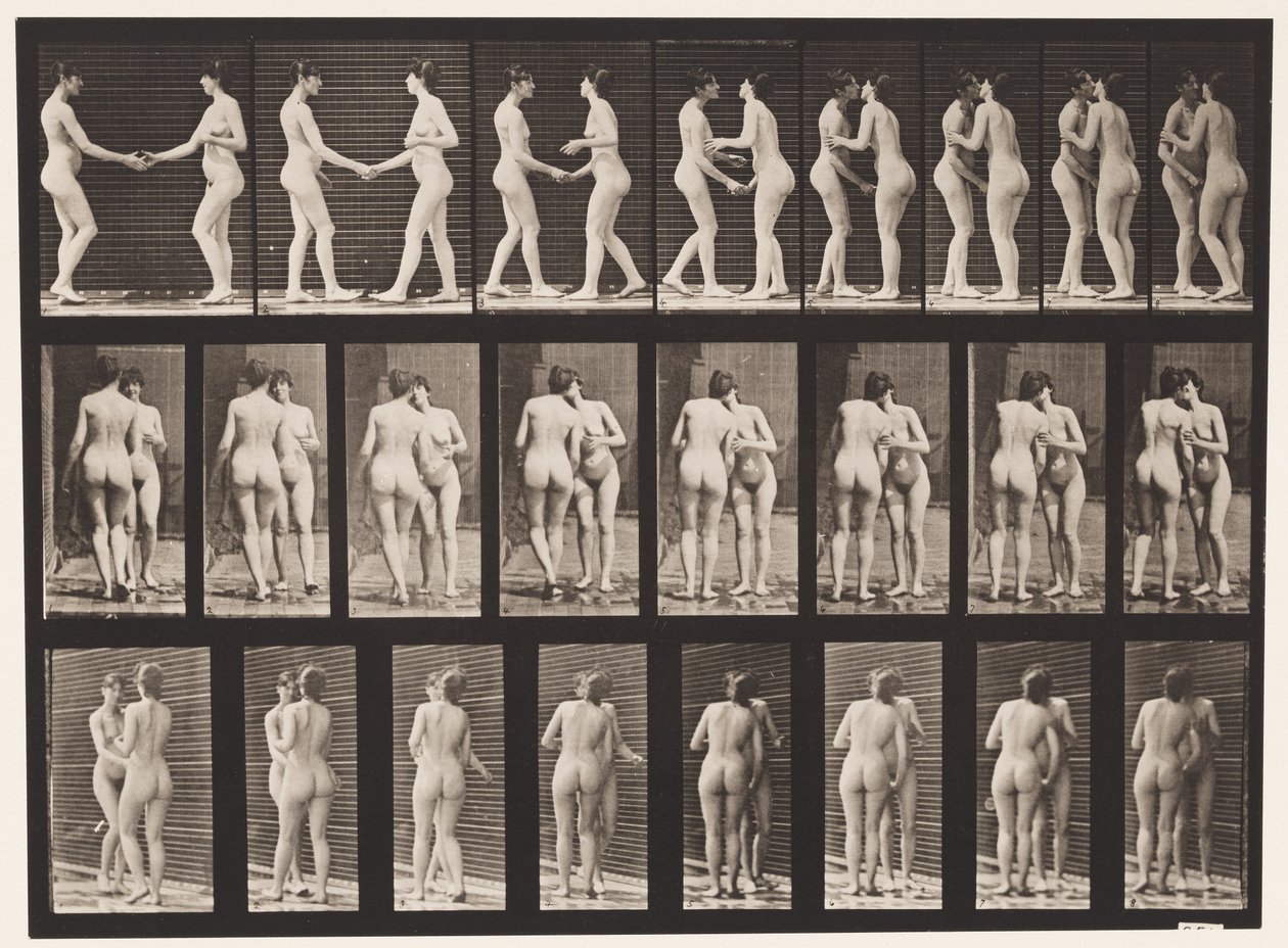 Tallrik 444. Två modeller skakar hand och kysser varandra av Eadweard Muybridge