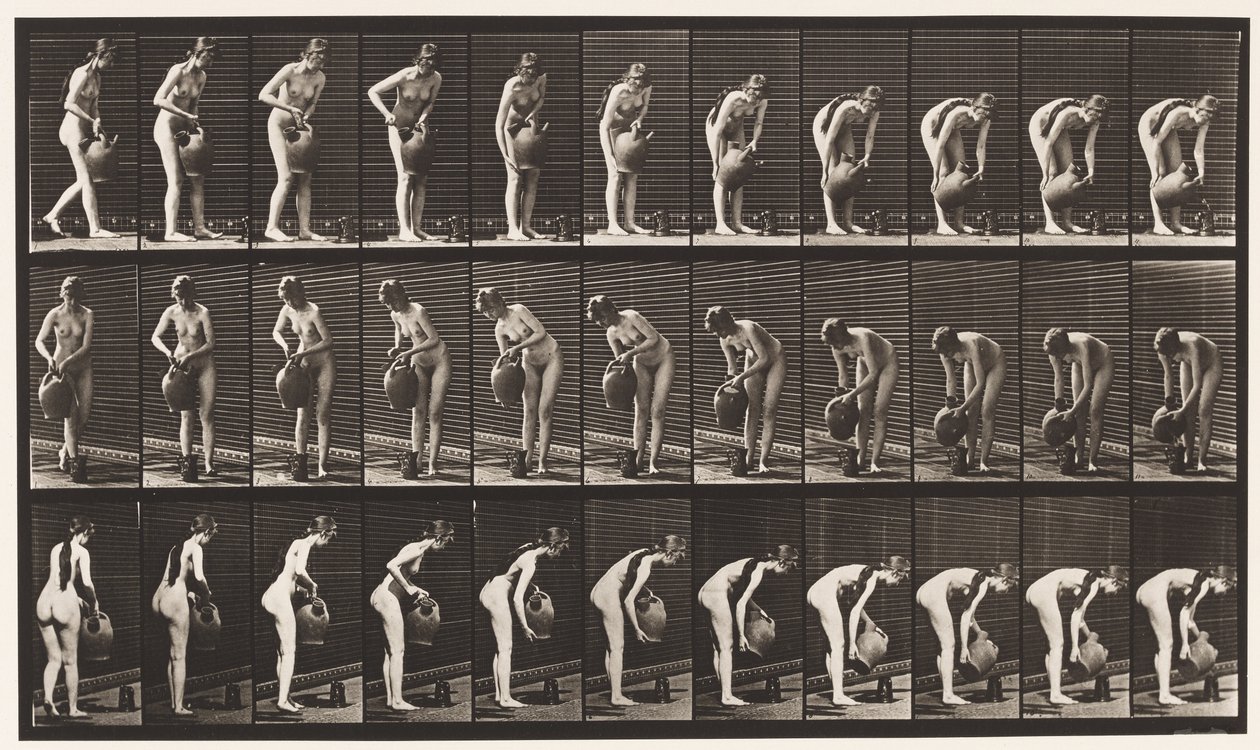 Tallrik 446. Påfyllning av kanna på marken från vattenburk av Eadweard Muybridge