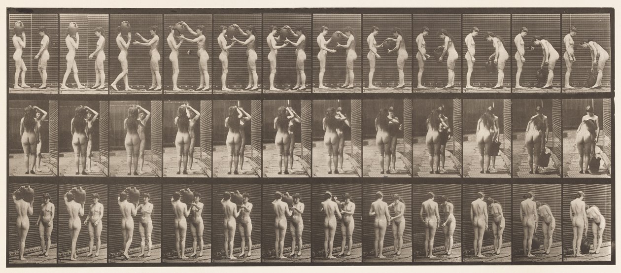 Tallrik 447. Två modeller, 9 Tar vattenburk från skuldra om 10 av Eadweard Muybridge