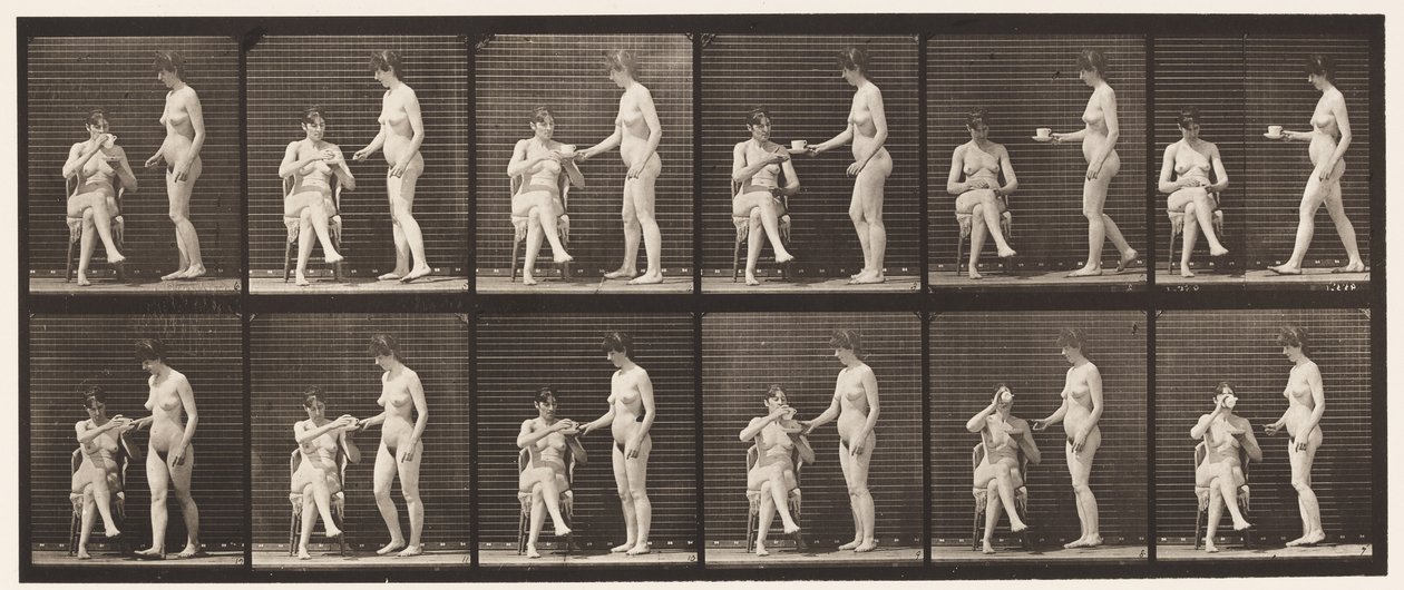 Tallrik 450. Två modeller, 8 tar med kopp te, 1 koppar och drycker, 1872-1885 av Eadweard Muybridge