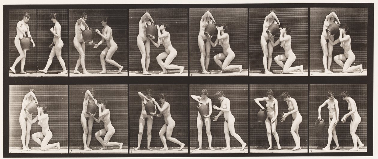Tallrik 452. Två modeller, 8 knä, drycker från vattenburk i händerna, 1872-1885 av Eadweard Muybridge