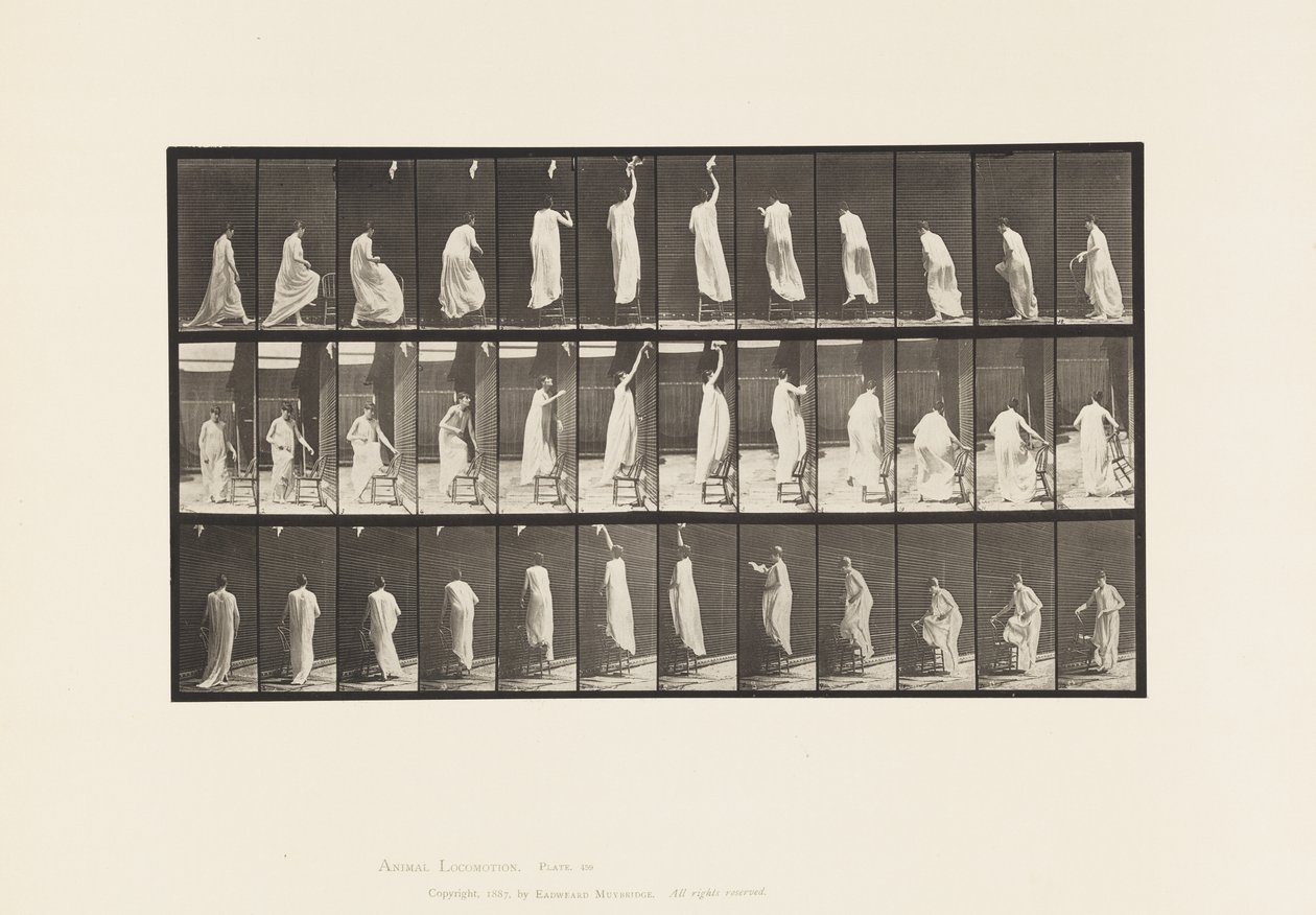 Skylt 459. Att kliva på stolen, sträcka sig upp och ned, 1885 av Eadweard Muybridge