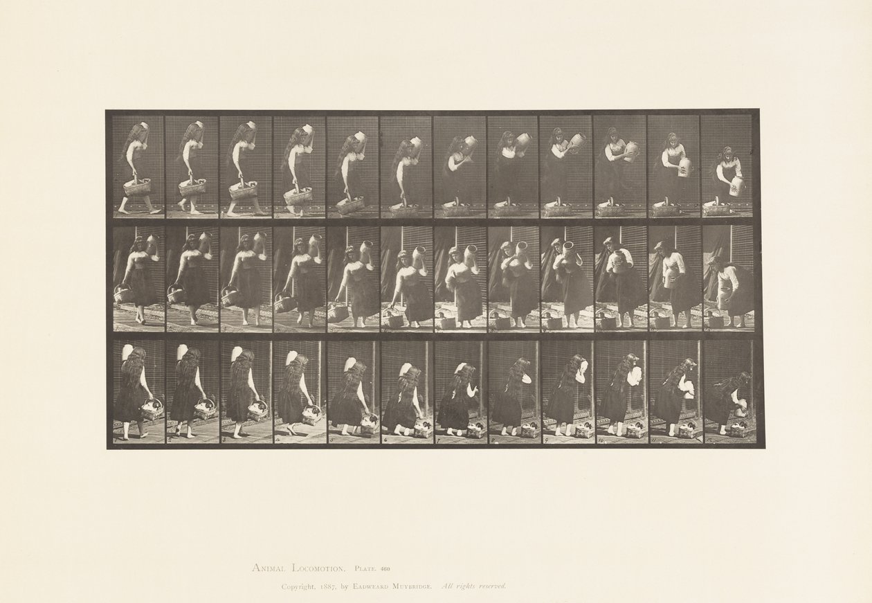 Tallrik 460. Bärburk på axeln och korg i handen, 1885 av Eadweard Muybridge