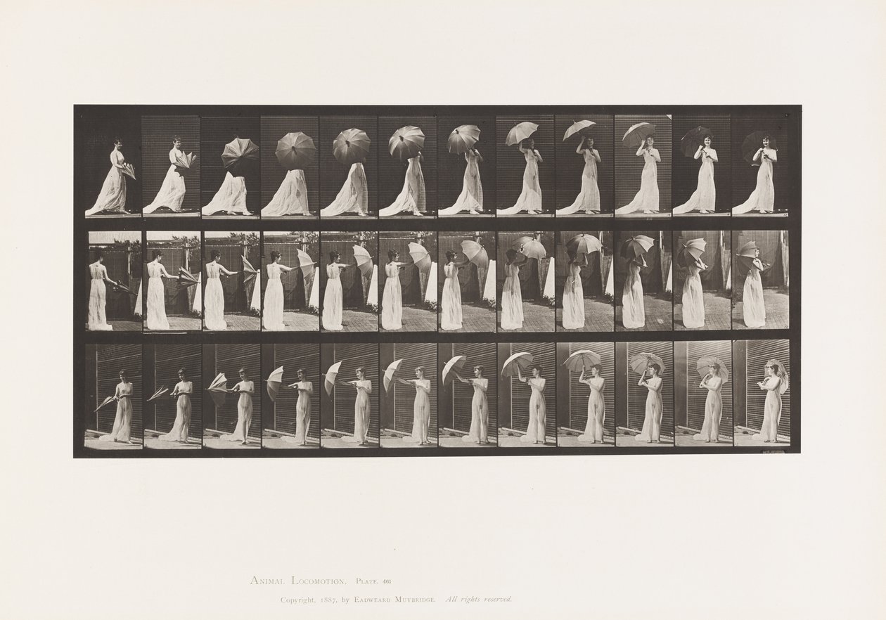 Tallrik 461. Öppna ett parasoll och vända sig om av Eadweard Muybridge