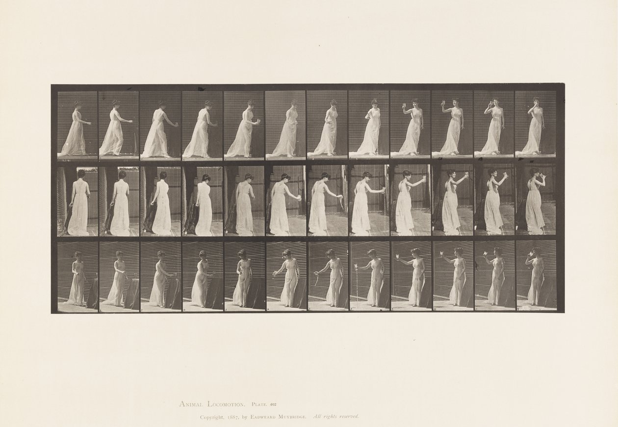 Tallrik 462. Hälla dräkt på marken, dricka ur bägare, 1885 av Eadweard Muybridge
