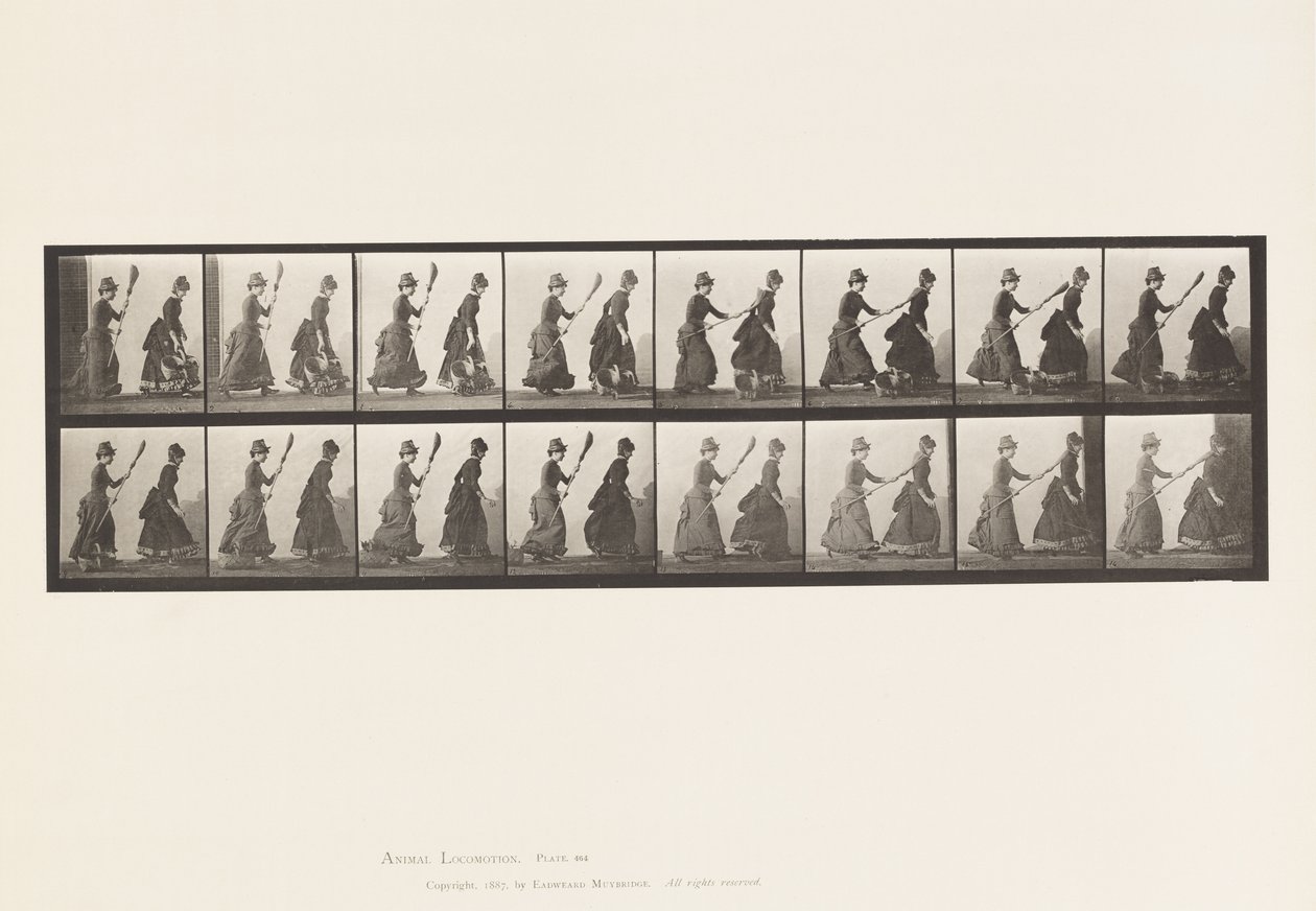 Skylt 464. Två modeller, 16 Jagar 4 med en kvast, 1885 av Eadweard Muybridge