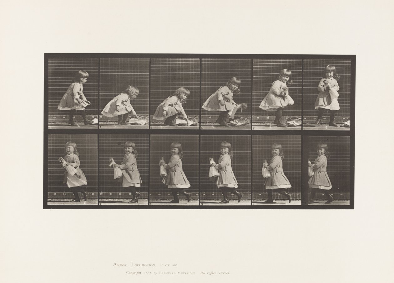 Skylt 481. Barn, lyfter en docka, vänder och går av, 1885 av Eadweard Muybridge