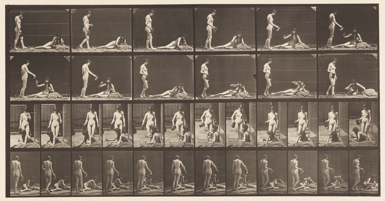 Tallrik 485. Två modeller; A, 10 Stå och fyller en bägare;, 1872-1885 av Eadweard Muybridge