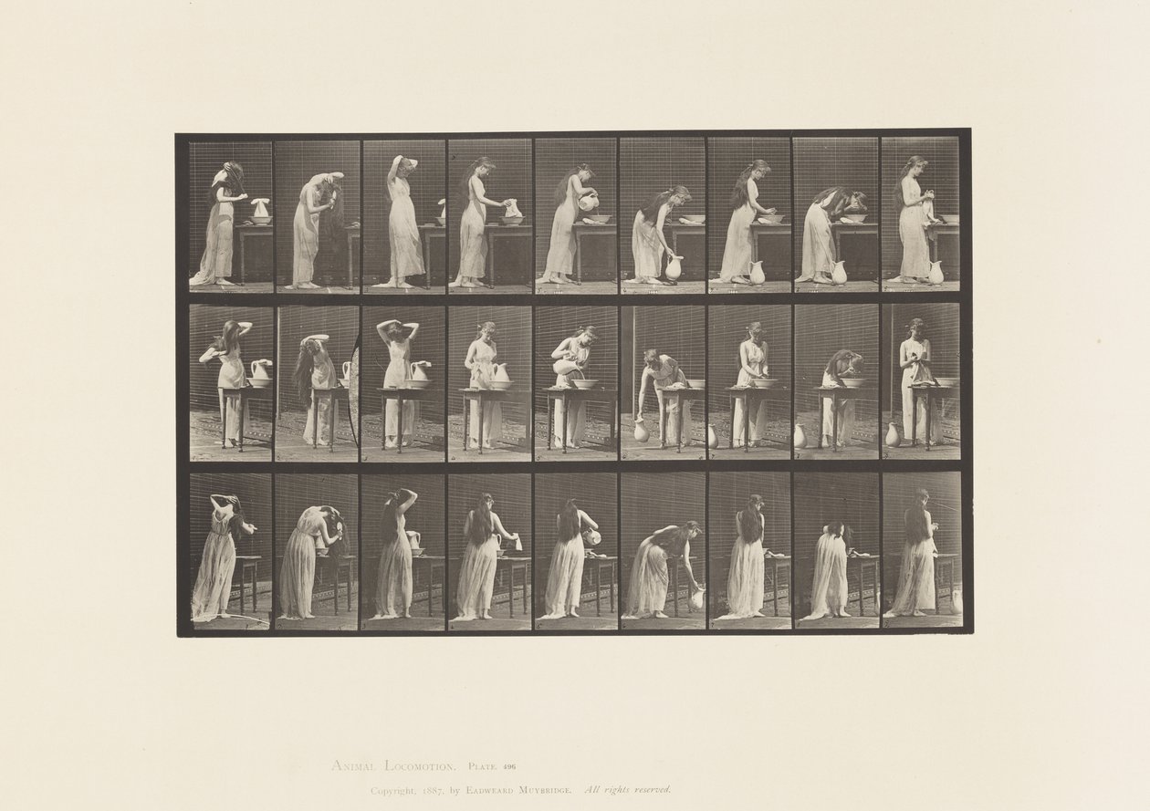 Skylt 496. Diverse faser av toaletten, 1885 av Eadweard Muybridge