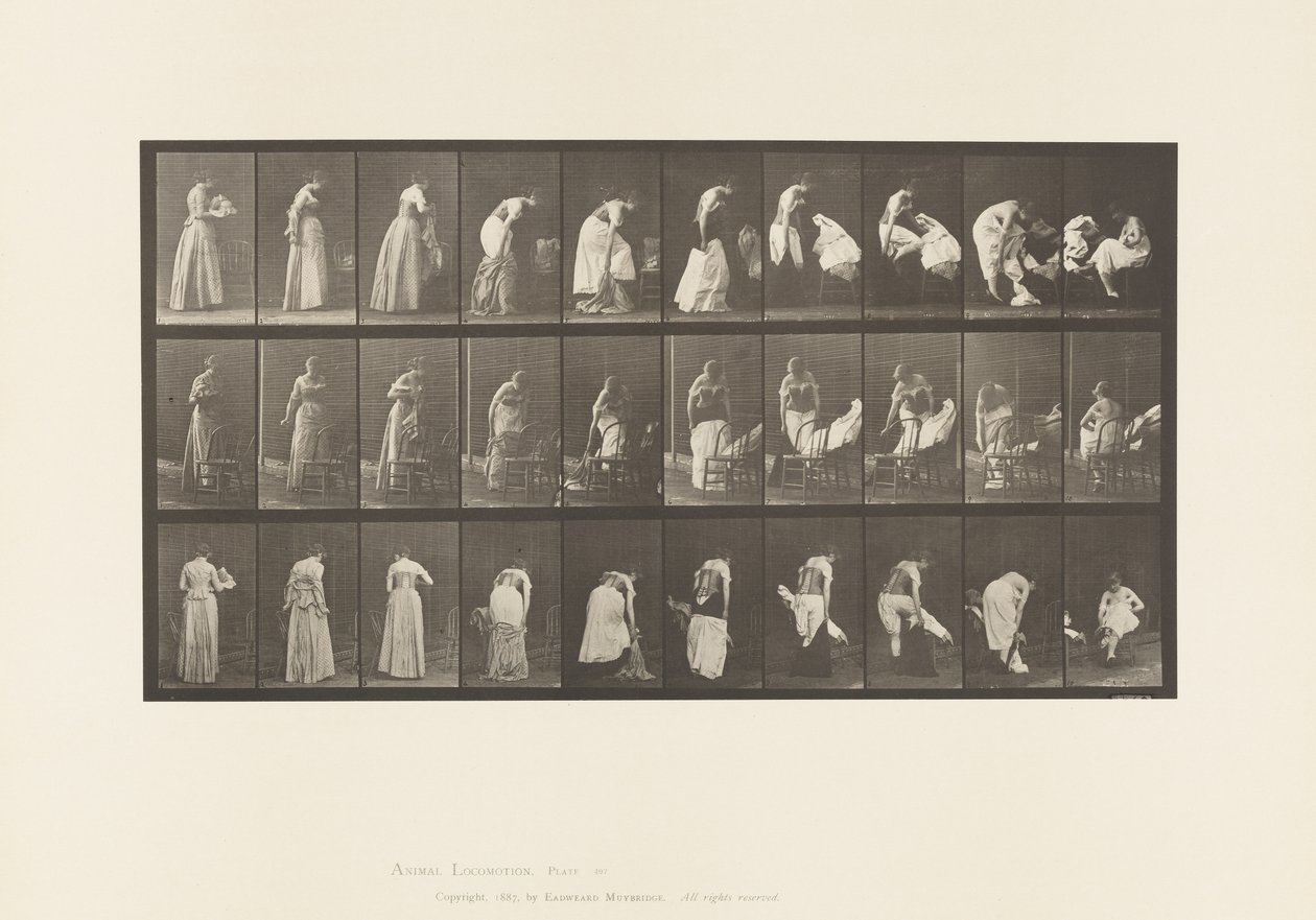 Skylt 497. Diverse faser av toaletten, 1885 av Eadweard Muybridge