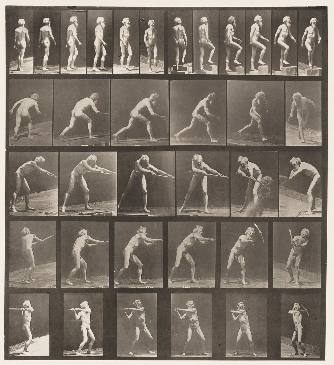 Tavla 521. A, Walking; B, Stigande Steg; C, Kastskiva av Eadweard Muybridge