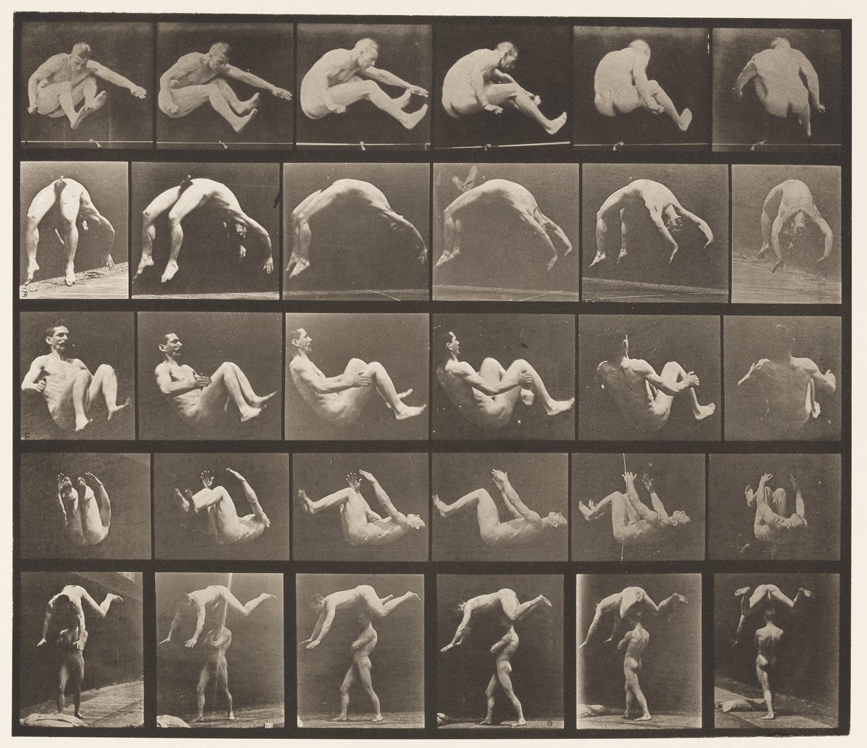 Plåt 522. A, 97 Hoppning; B, 98 Handfjäder; C, 98 kullerbytta av Eadweard Muybridge