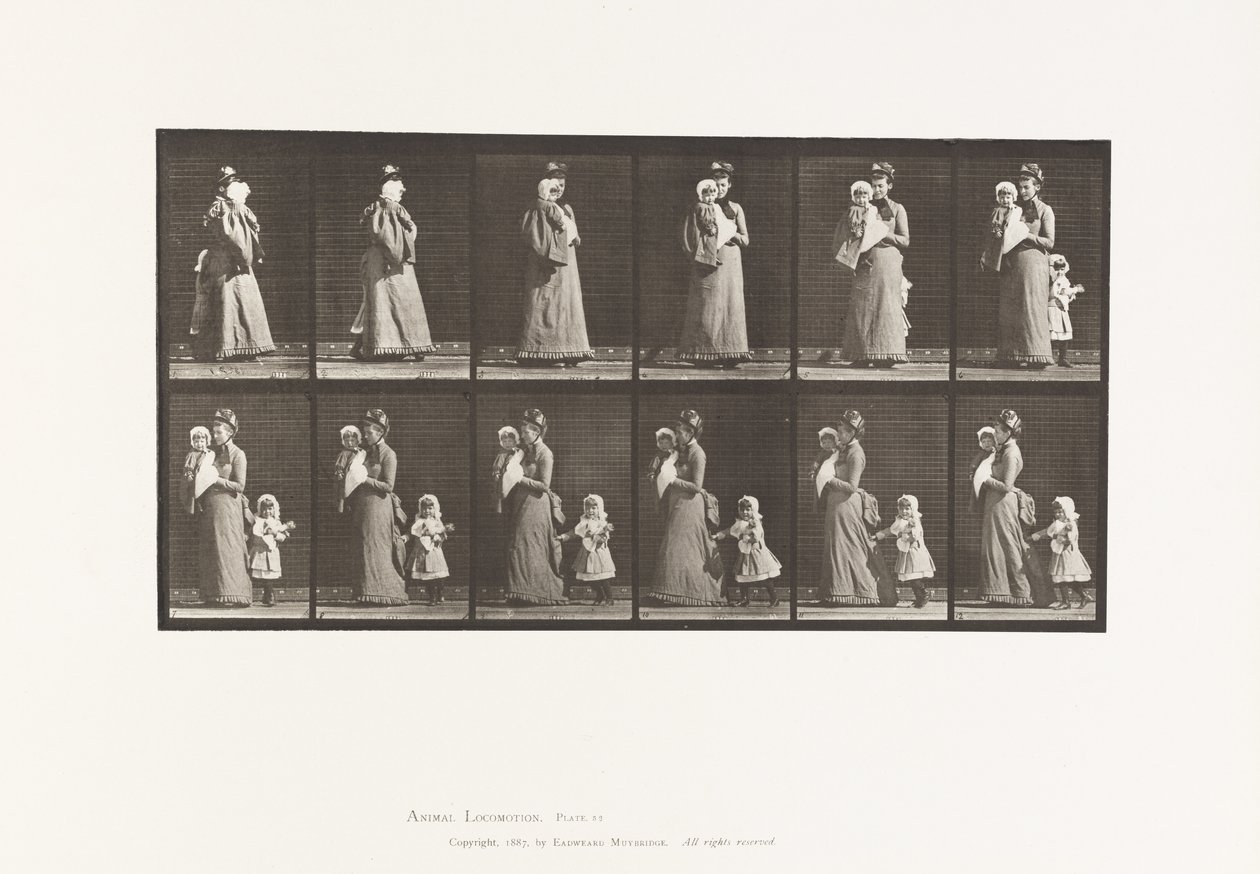 Tallrik 52. Går bärande barn, vänder sig om; ett annat barn (70) håller i klänning på 9 av Eadweard Muybridge