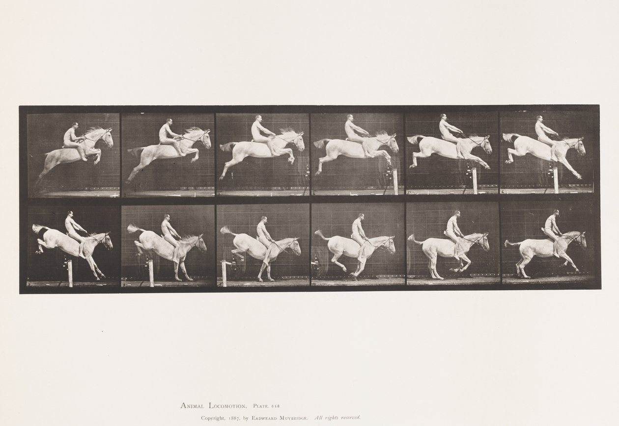 Platta 643. Hoppa ett hinder; Barbacka; Röjning och landning; av Eadweard Muybridge