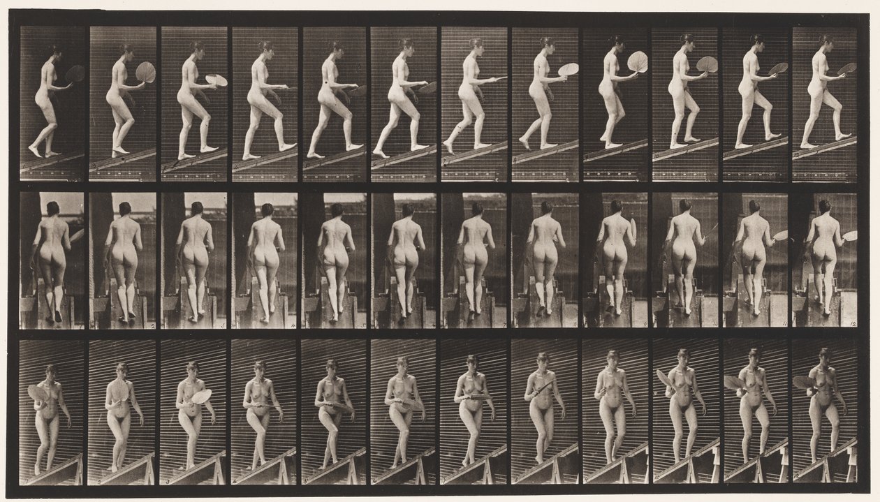 Plåt 78. Ascending Incline, Flirting A Fan, 1872-1885 av Eadweard Muybridge