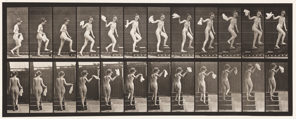 Tavla 96. Uppåtgående trappa ser sig omkring; Viftande näsduk av Eadweard Muybridge