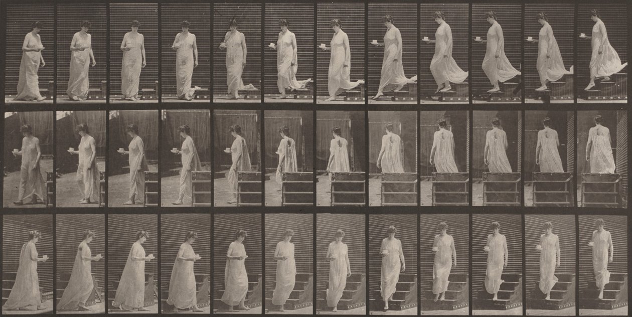 Plansch nummer 143. Går nedför trappor, en kopp och ett fat i höger hand av Eadweard Muybridge