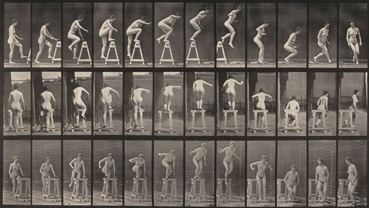 Plansch nummer 171. Kliva upp på en bock, hoppa ner och vända sig av Eadweard Muybridge