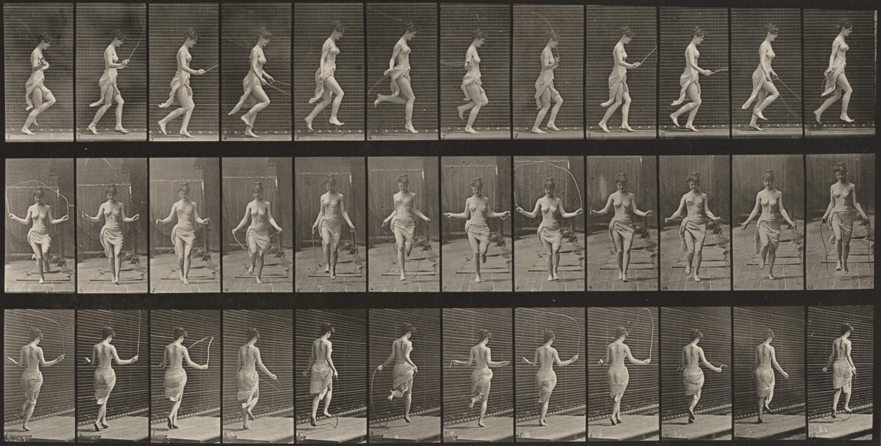 Plansch nummer 174. Löpning och hopp med hopprep av Eadweard Muybridge