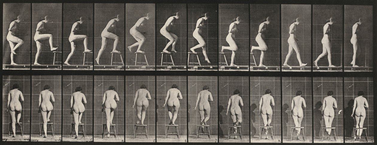 Plåt nummer 180. Att kliva på och över en stol av Eadweard Muybridge