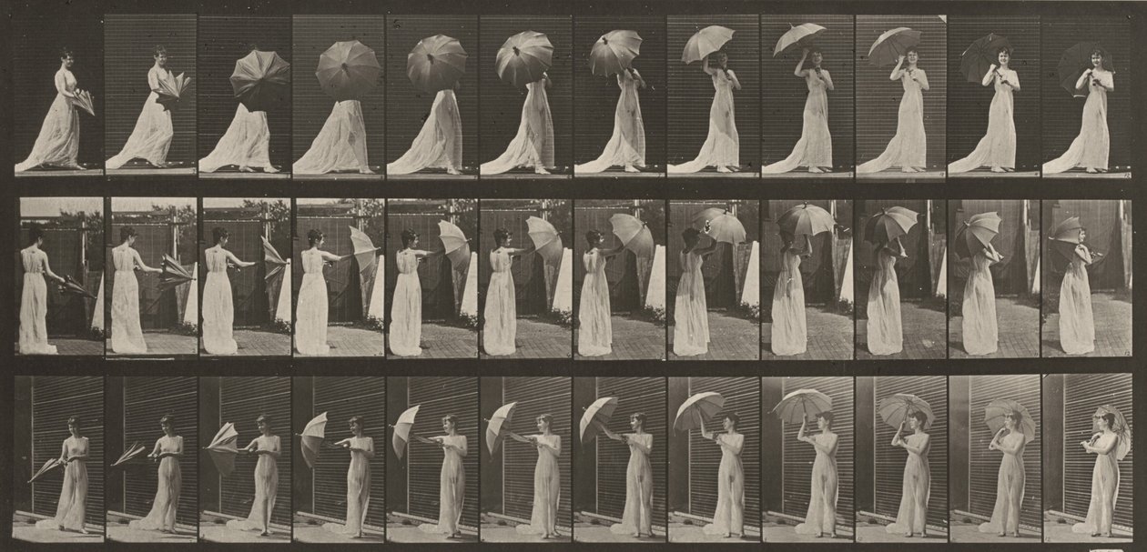 Plansch nummer 461. Att öppna ett parasoll och vända sig om av Eadweard Muybridge