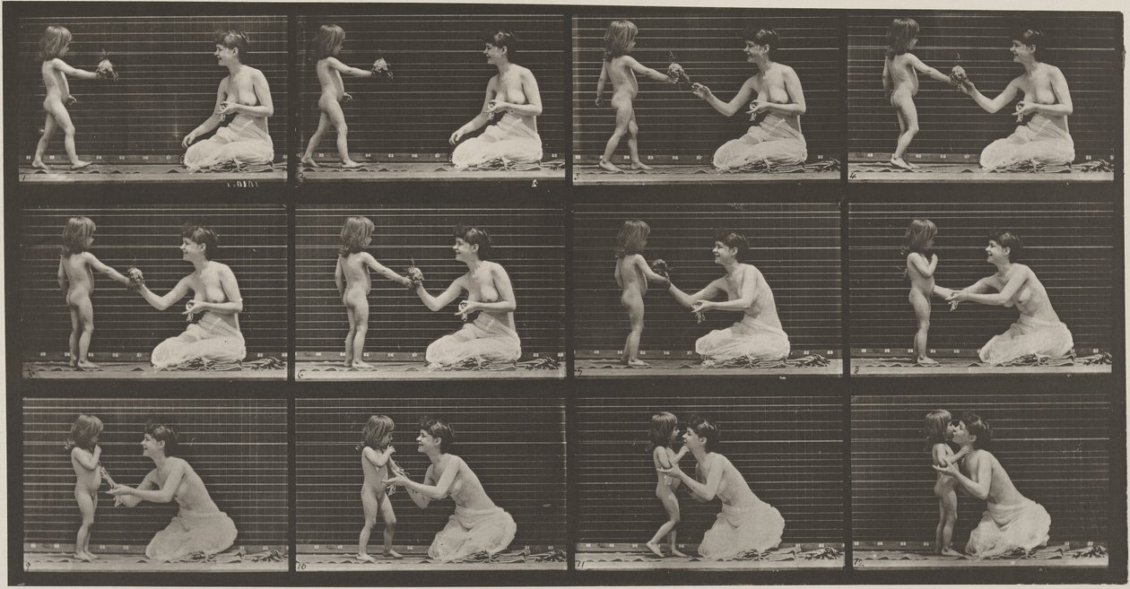 Nummerplåt 465. Ett barn ger en bukett till en kvinna,1887 (foto) av Eadweard Muybridge