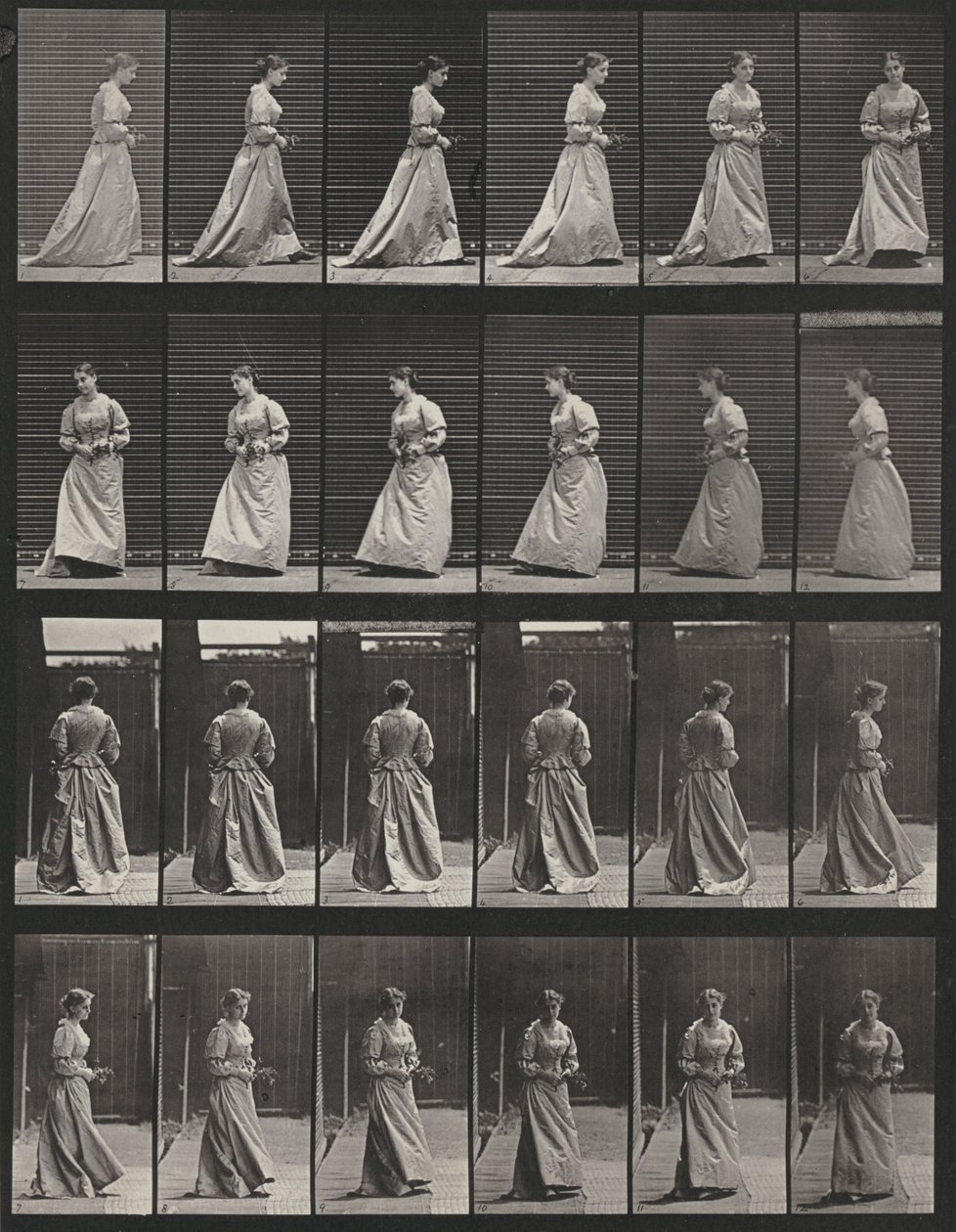 Plansch nummer 48. Gå och vända sig om med en bukett i båda händerna av Eadweard Muybridge