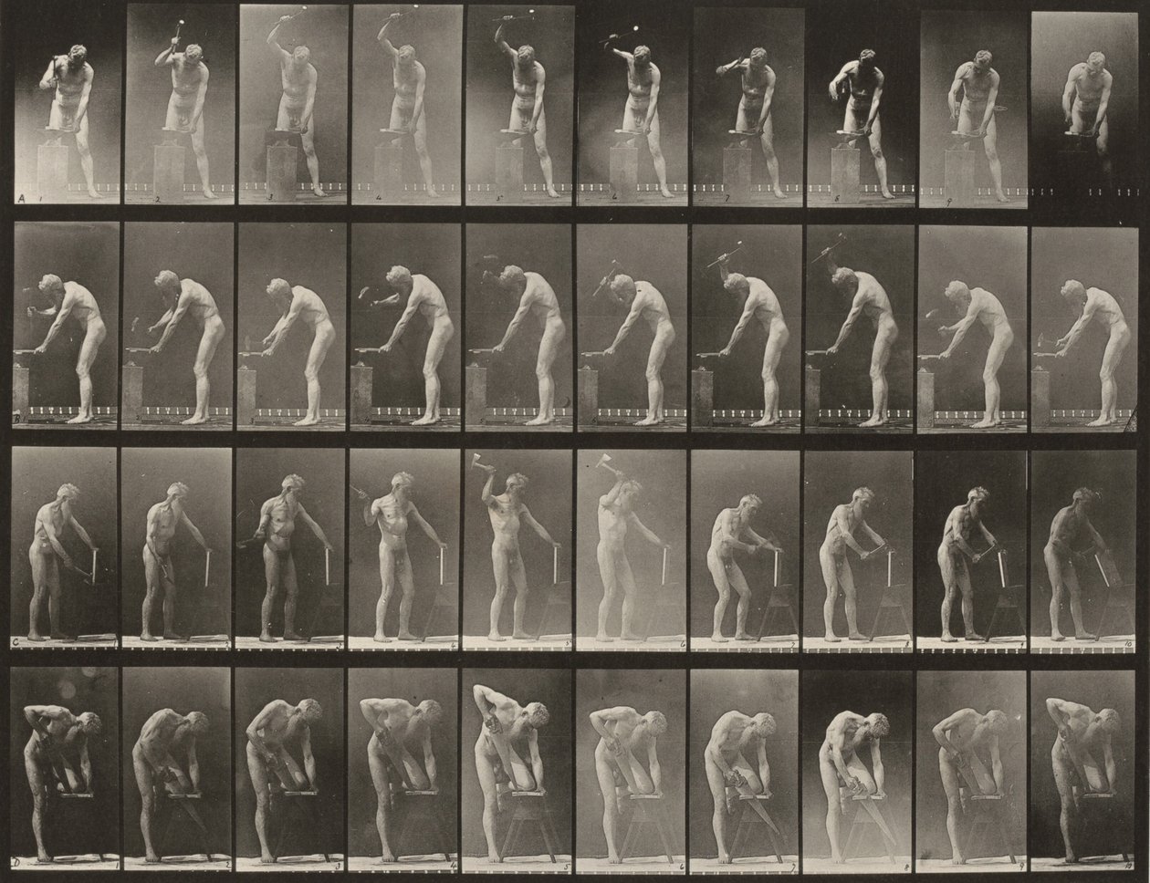 Plansch nummer 491. A, B: Hamring vid ett städ. C: Användning av en yxa. D: Sågning av en bräda av Eadweard Muybridge