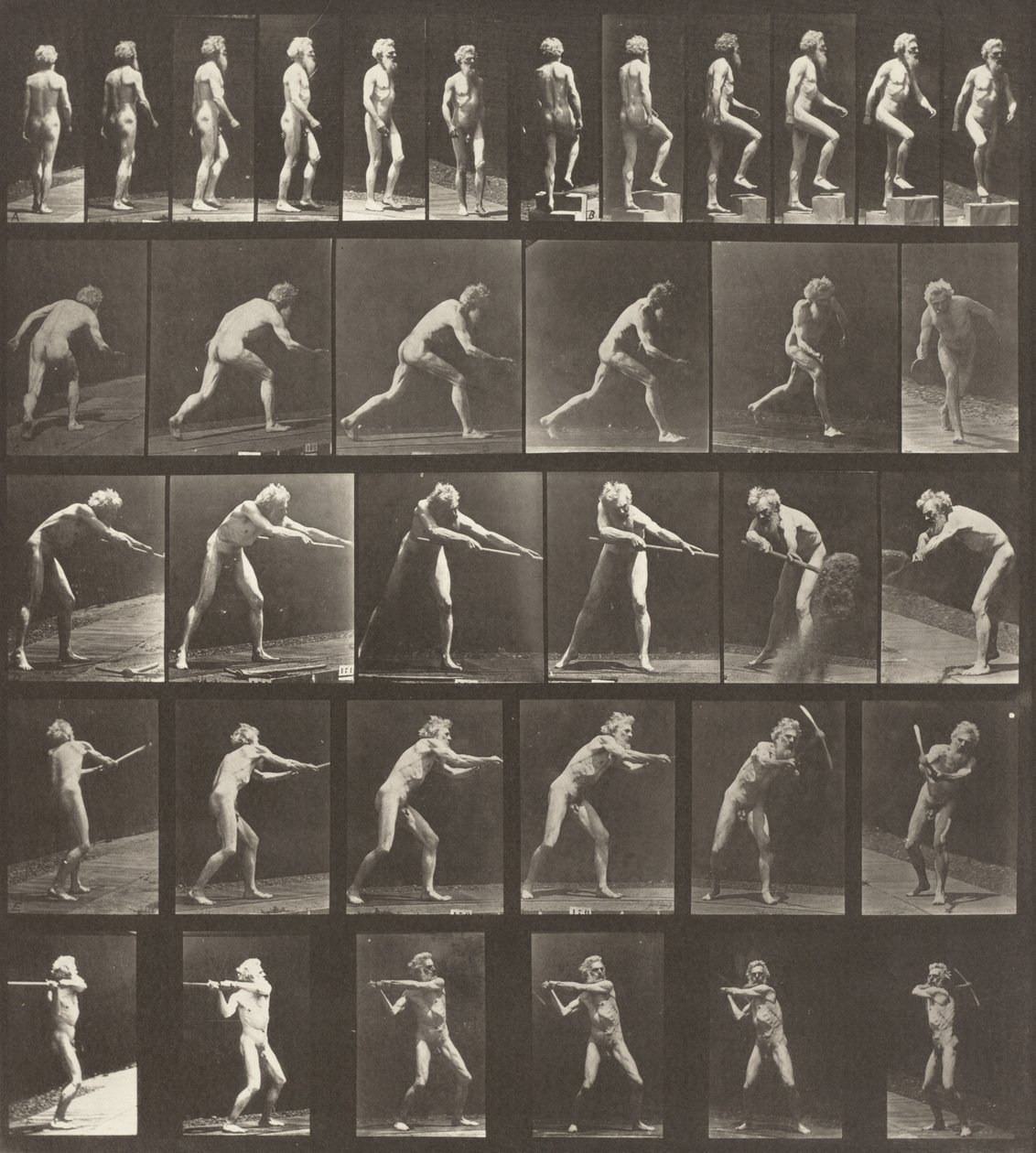 Skylt nummer 521. A: Gående. B: Går upp ett steg. C: Kasta disken. D: Använda en spade. E, F: Använda en pick av Eadweard Muybridge