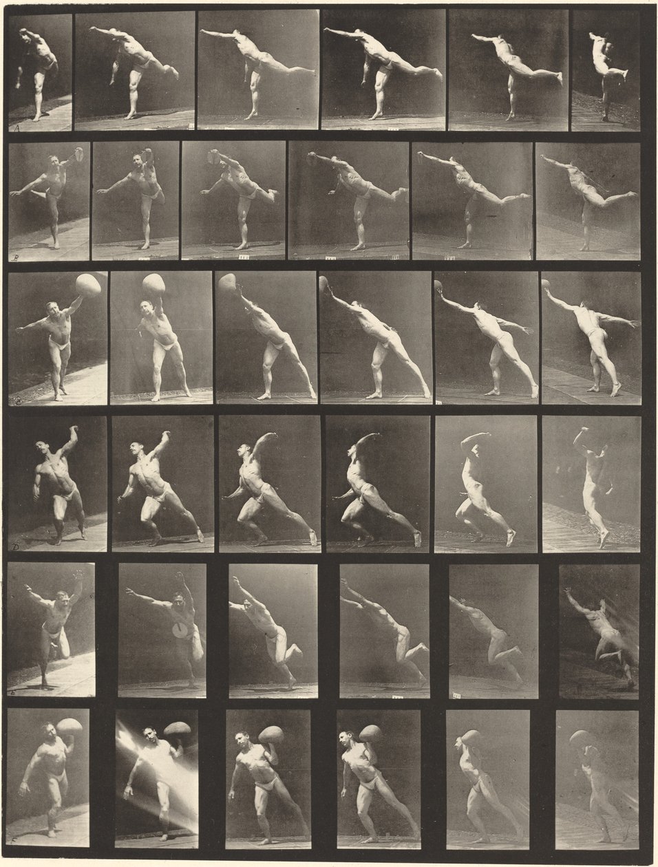 Plåt nummer 523. A: Slå ett slag. B, E: Kastskiva. C, F: Lyfter en 75-lb. sten. D: Kasta en boll av Eadweard Muybridge