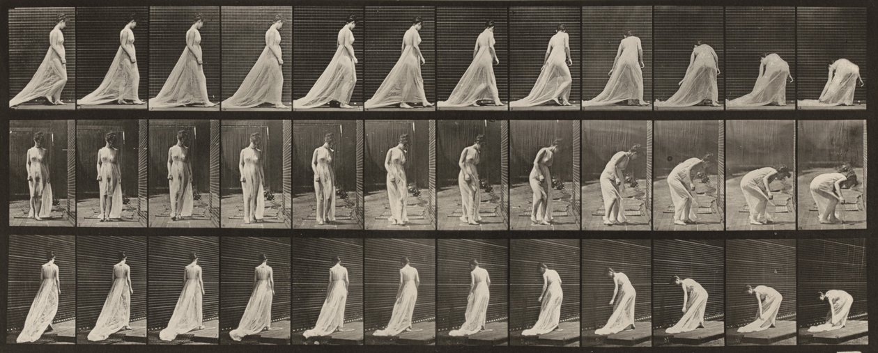 Bild nr 56. Gå, vända sig och böja sig för att lyfta tåget av Eadweard Muybridge