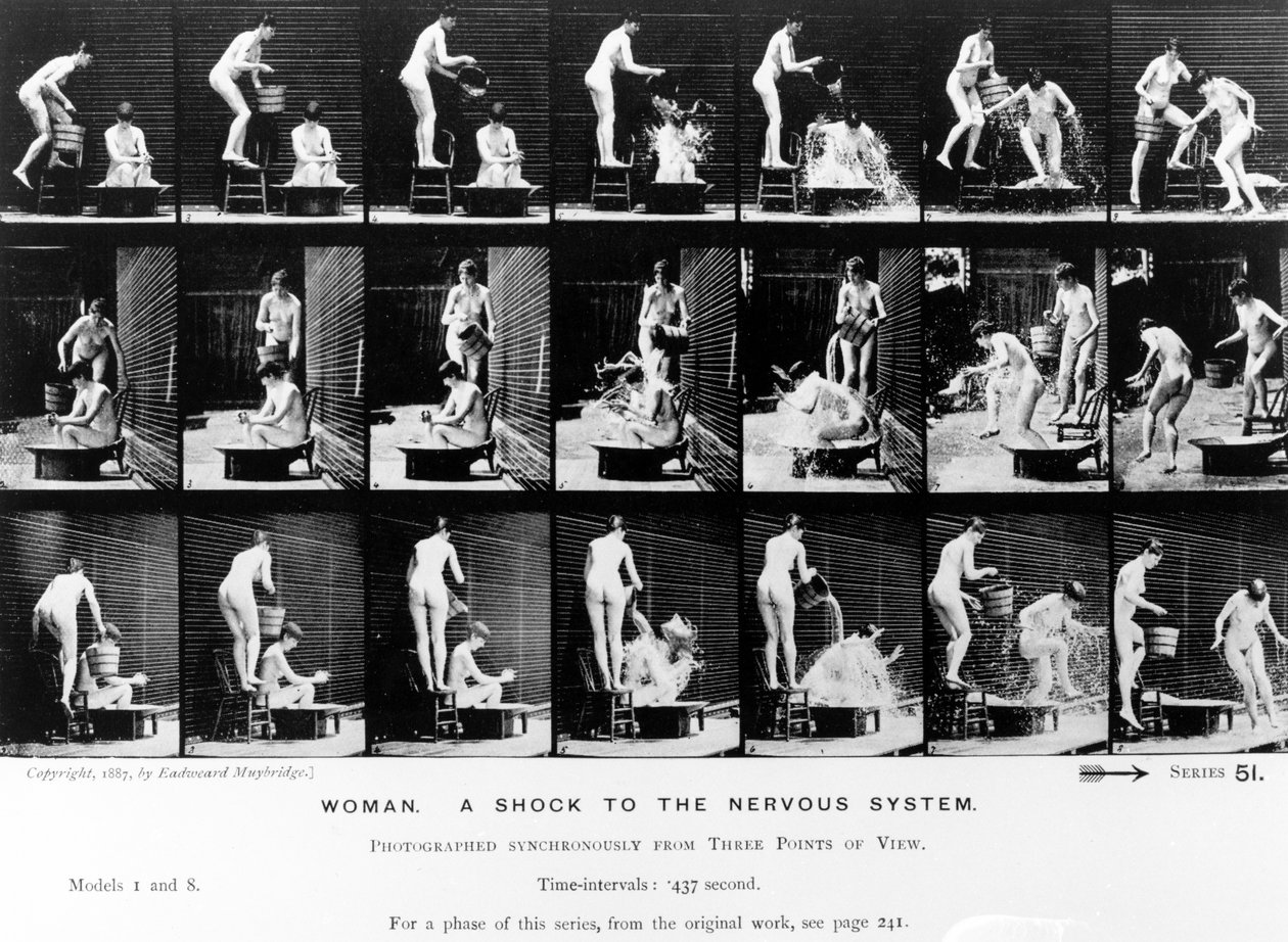 Kvinna. A Shock to the Nervous System, 1887, illustration från "The Human Figure in Motion" av Eadweard Muybridge, 1904 års upplaga. av Eadweard Muybridge