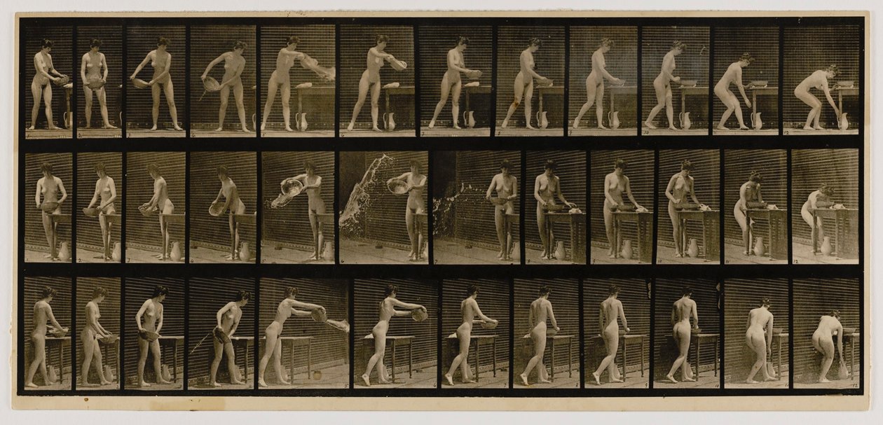 Kvinna som tömmer en bassäng med vatten, från boken Animal Locomotion av Eadweard Muybridge