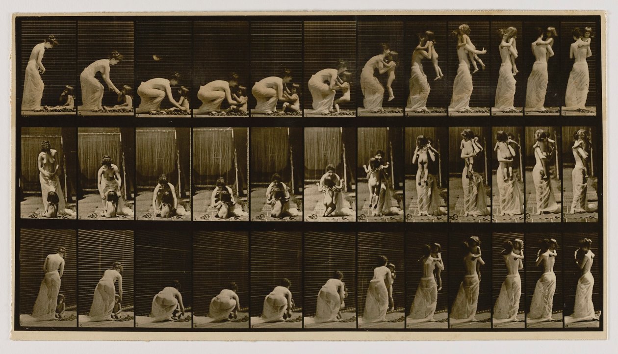Kvinna lyfter och bär barn, från boken Animal Locomotion av Eadweard Muybridge