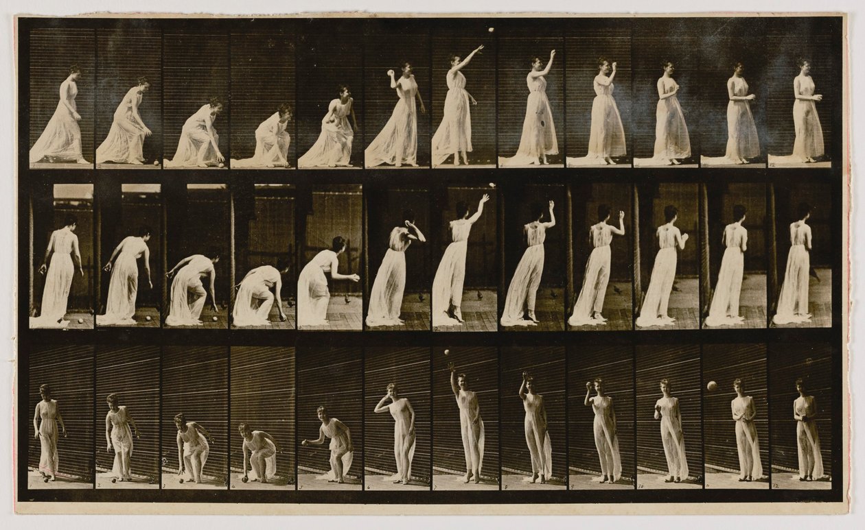 Kvinna som plockar upp en boll och kastar den, från boken Animal Locomotion av Eadweard Muybridge