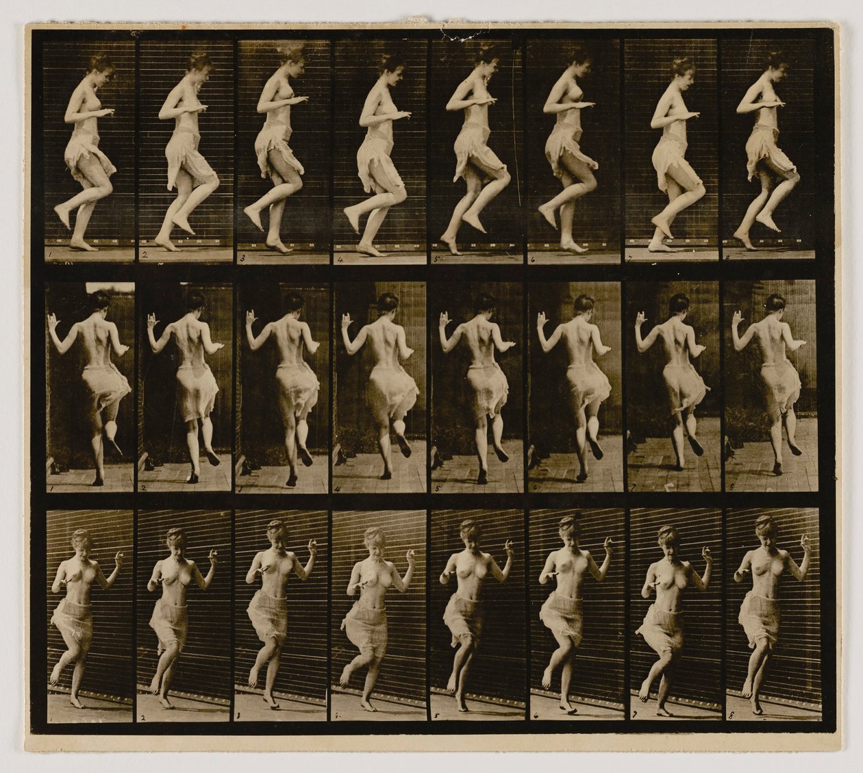 Kvinna som hoppar runt på en fot, från boken Animal Locomotion av Eadweard Muybridge