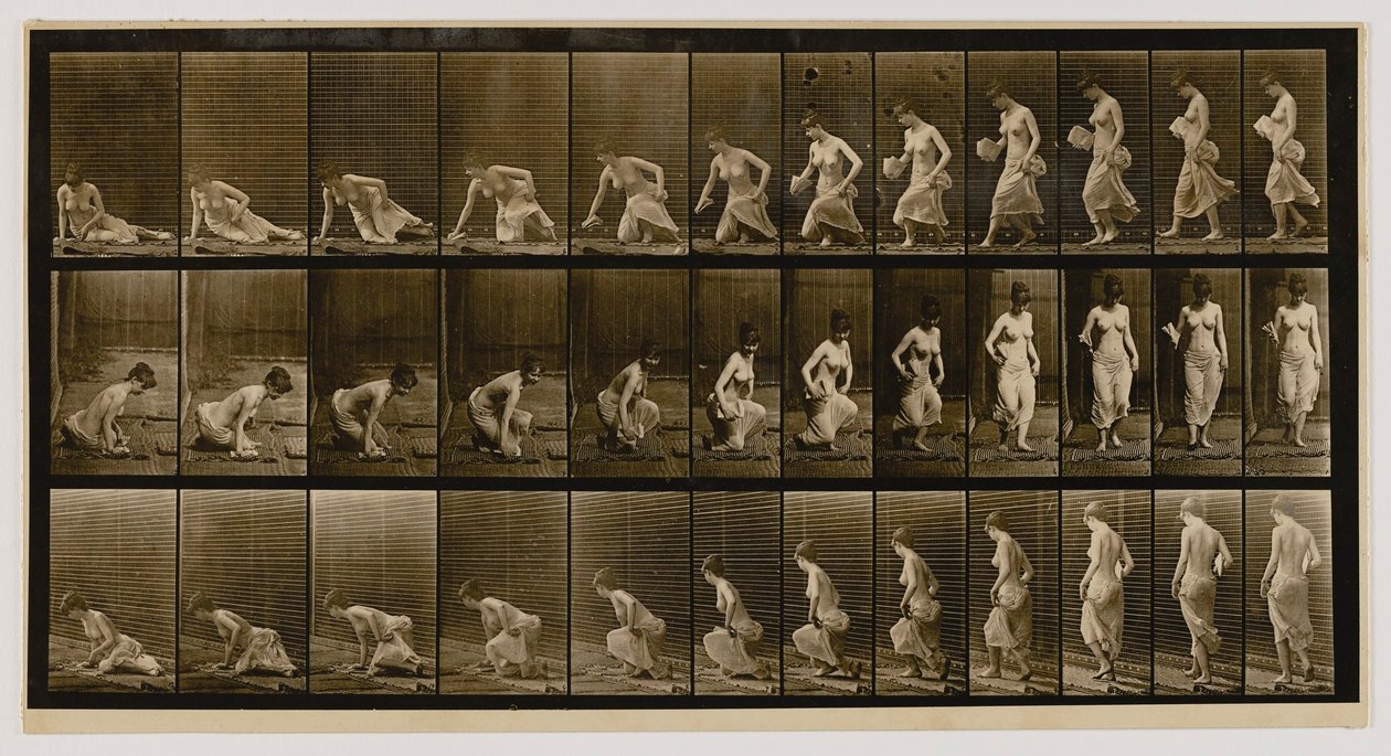 Kvinna som sätter sig ner på marken, från boken Animal Locomotion av Eadweard Muybridge