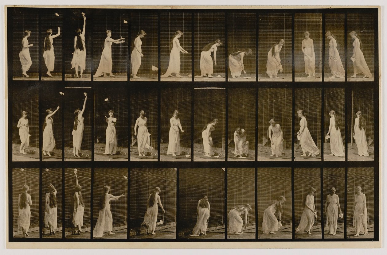 Kvinna kastar upp näsduk i luften och plockar upp den, från boken Animal Locomotion av Eadweard Muybridge