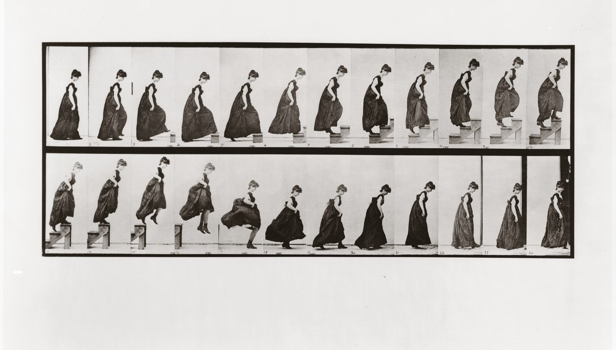Kvinna som klättrar i trappor och hoppar ner, skylt 173 från Animal Locomotion, 1887 av Eadweard Muybridge