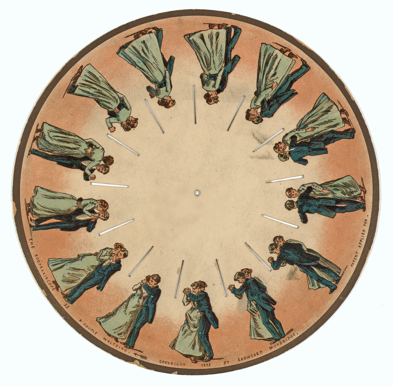 Zoopraxiskopskiva som visar ett par som valsar, 1893 av Eadweard Muybridge