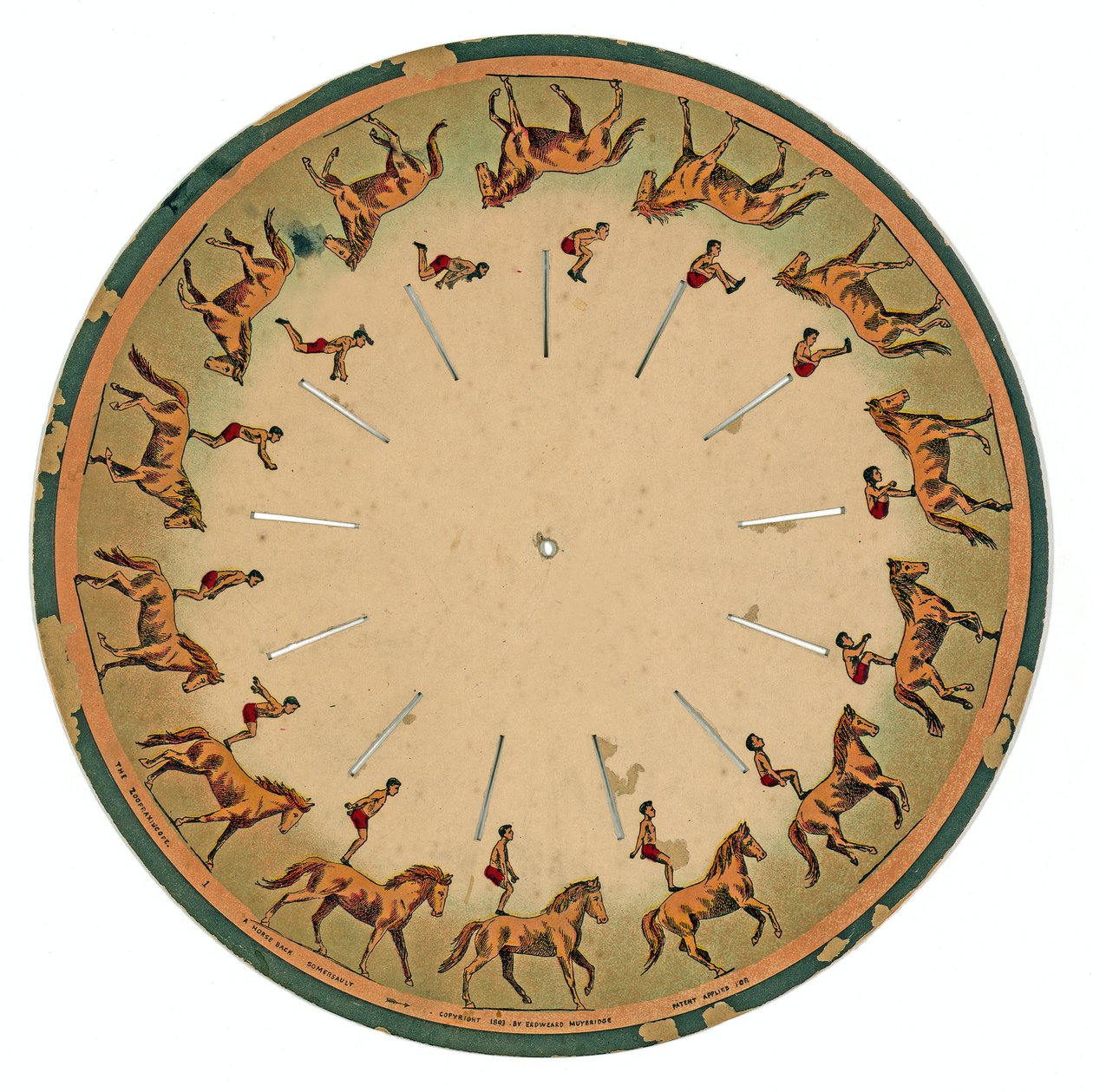 Zoopraxiscope-skiva som visar en akrobat som utför en kullerbytta med hästryggen, 1893 av Eadweard Muybridge